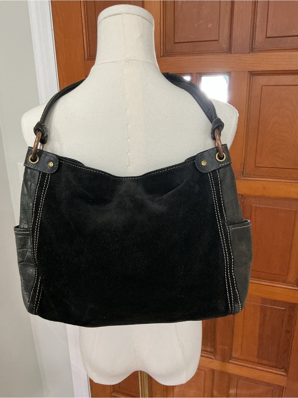Vintage Fossil Black Suede and Leather Shoulder Bag Side Slip Pockets